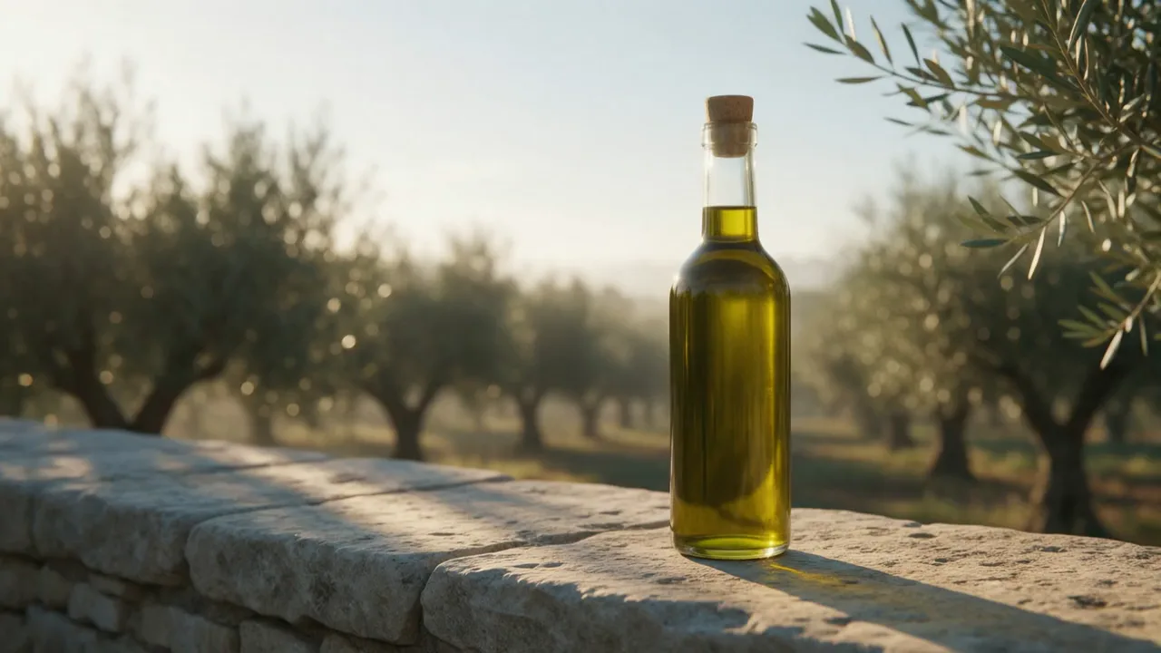 Sample product film: an unlabeled bottle of olive oil glowing in morning sun in an olive grove