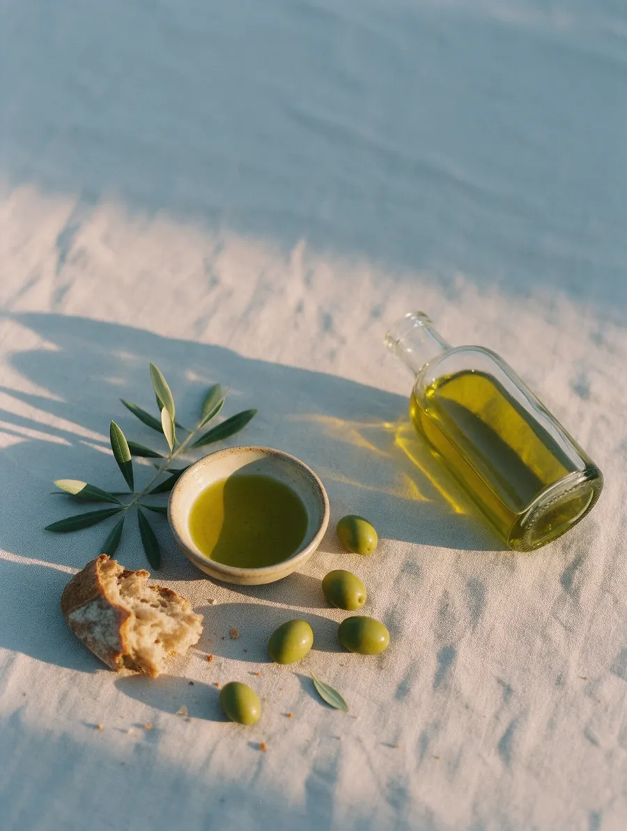 Sample photo: flat lay of olive oil in a ceramic bowl with bread, olives and leaves on linen